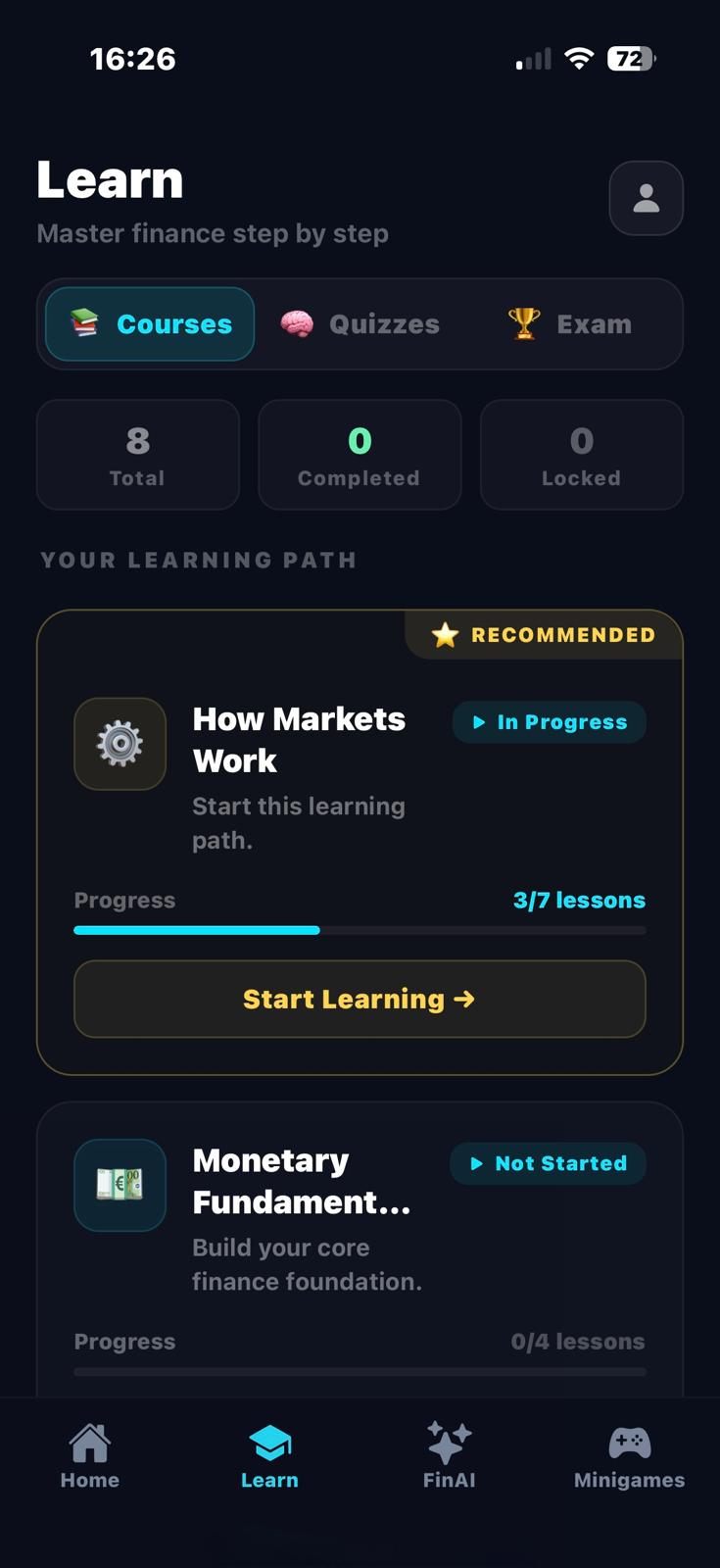 LearnFI course selection screen